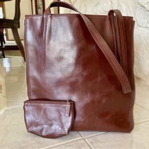 NWOT Brown Levenger Expandable Leather Tote with Suede Inset